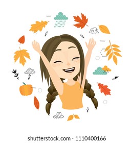 Autumn, fall. Cute vector illustration with pretty beautiful girl, leaves and clouds.
