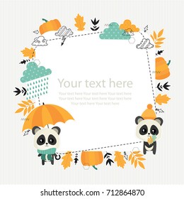  Autumn. Fall. Cute vector illustration with pandas, clouds and yellow leaves. Decorative frame. Card, page design.