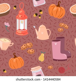 Autumn. Fall. Cute vector seamless pattern. Сup of coffee, watering can, rubber boots, pumpkin, lamp, cookies.