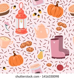 Autumn. Fall. Cute vector seamless pattern. Сup of coffee, watering can, rubber boots, pumpkin, lamp, cookies.