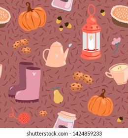 Autumn. Fall. Cute vector seamless pattern. Сup of coffee, watering can, rubber boots, pumpkin, lamp, cookies.