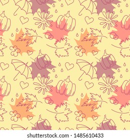 Autumn. Fall. Cute vector seamless pattern with autumn maple leaves, pumpkins, umbrellas