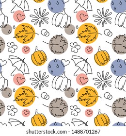 Autumn. Fall. Cute vector seamless pattern with autumn maple leaves,flowers, pumpkins, umbrellas on white background