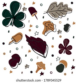 Autumn. Fall. Cute vector seamless pattern.Green, orange, gray, burgundy colors. Leaves and mushrooms. Perfect for wallpaper, gift paper, pattern fills, web page background, autumn greeting cards.