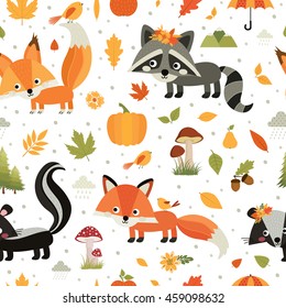 Autumn. Fall. Cute vector seamless pattern with forest animals. Squirrel, skunk, raccoon and fox. All elements are  hidden under mask. Pattern are not cropped and can be edited.