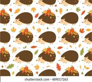 Autumn. Fall. Cute vector seamless pattern with hedgehogs . All elements are  hidden under mask. Pattern are not cropped and can be edited.