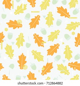 Autumn. Fall. Cute vector seamless pattern with oak  leaves, acorns  and trendy geometric elements. All elements are  hidden under mask. Pattern are not cropped and can be edited.