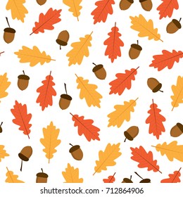 Autumn. Fall. Cute vector seamless pattern with oak  leaves and acorns. All elements are  hidden under mask. Pattern are not cropped and can be edited.