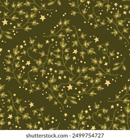 Autumn fall diamond seamless pattern with light green leaves and stars on dark green background. Colorful vector illustration. 