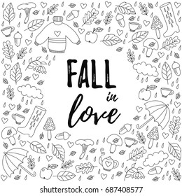 Autumn Fall Doodle Icons Black And White Frame Decorative Border 