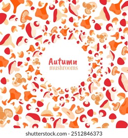 Outono outono Cogumelos Comestíveis Fundo. Capa de leite de açafrão, Russula Redolens, Boleto amarelo, Suillus, Chanterelles, Porcini Projeto de fundo com cópia de imagem de vetor de espaço.