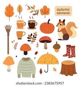 Autumn fall elements clipart brown nature leaves mushroom