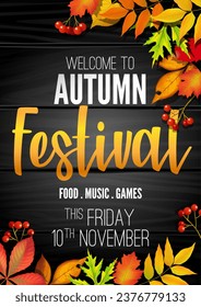 Autumn Fall festival A4 poster announcement, invitation banner with fallen leaves