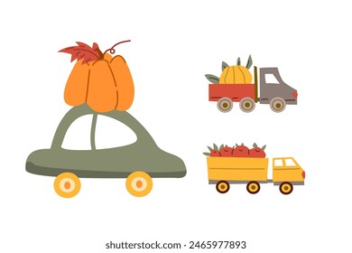 Autumn fall festival thanksgiving day elements background with vehicle. Fall harvest party design.Thanksgiving day banner, border or greeting card.