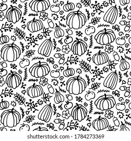Autumn Fall Floral doodle seamless pattern, vector isolated hand drawn elements. Perfect for prints, flyers, postcards, fabric, wrapping paper.