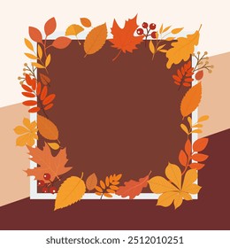 Autumn fall floral frame with different berries and leaves - vector illustration design template in flat style