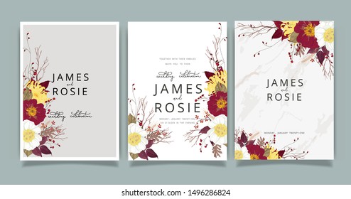 Autumn And Fall Flower Wedding Invitation Set, Floral Invite Thank You, Rsvp Modern Card Design In Red Peony And White  Floral With Leaf Greenery  Branches Decorative Vector Elegant Rustic Template