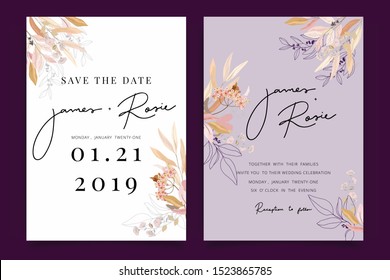 Autumn And Fall Flower Wedding Invitation Set, Floral Invite Thank You, Rsvp Modern Card Design In Pink Brown  Floral With Leaf Greenery  Branches Decorative Vector Elegant Rustic Template