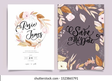 Autumn And Fall Flower Wedding Invitation Set, Floral Invite Thank You, Rsvp Modern Card Design In Pink Brown  Floral With Leaf Greenery  Branches Decorative Vector Elegant Rustic Template