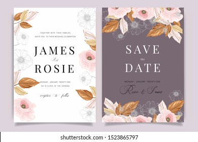 Autumn And Fall Flower Wedding Invitation Set, Floral Invite Thank You, Rsvp Modern Card Design In Pink Brown  Floral With Leaf Greenery  Branches Decorative Vector Elegant Rustic Template