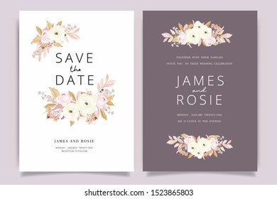 Autumn and fall Flower Wedding Invitation set, floral invite thank you, rsvp modern card Design in pink brown  floral with leaf greenery  branches decorative Vector elegant rustic template