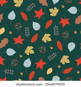 Autumn fall foliage seamless pattern of autumn color sweetgum, oak, poplar, elm leaves, acorns and berries. Floral autumnal surface design on forest green color background.