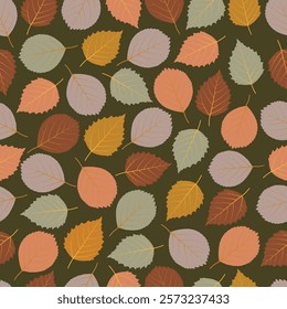 Autumn fall foliage seamless pattern. Autumn color poplar leaves. Floral autumnal surface design on forest sage green color background.