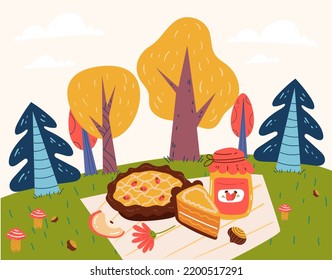 Autumn fall forest tea party picnik doodle simple style abstract concept. Graphic design element vector illustration