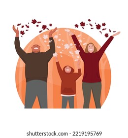 Autumn Fall Fun Activity. Happy family playing throwing maple leaves in the wood. Mom, dad and kid wearing warm color clothes. Flat illustration on white background.