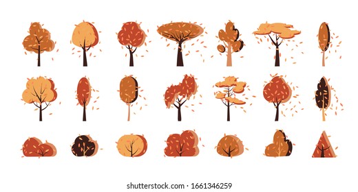 Autumn fall gold tree, bush flat cartoon icon set. Different shape simple orange forest park, garden oak, birch symbol. Season yellow red leaf falling plant sign. Isolated on white vector illustration