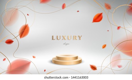 Autumn fall golden background with red leaves and product display pedestal vector design elements
