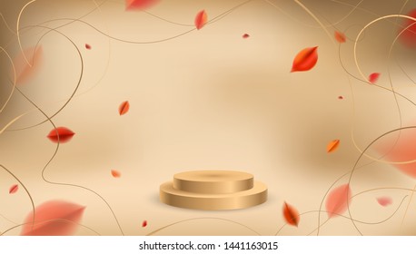 Autumn fall golden background with red leaves and product display podium vector design elements