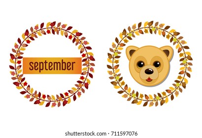 Autumn Fall Golden Yellow Orange Red Brown Tree Leaves With Bear - Detailed Wreath on White Background - Web Design September Vector Illustration 
