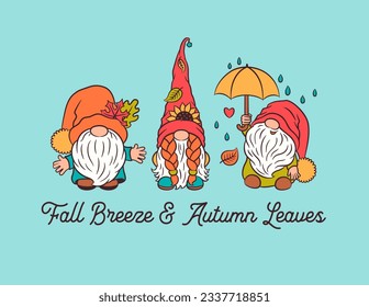 Autumn fall greeting card. Cute gnomes with umbrella, sunflower, autumn leaves. Sweet character scandinavian gnome children vector illustration. Whimsical fall design template for poster, print, card.