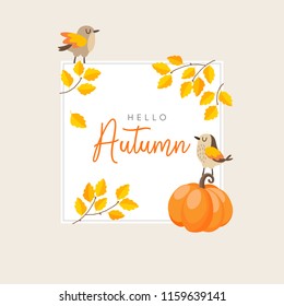 Autumn, fall greeting card, invitation with birds, colorful golden leaves and pumpkin. Thanksgiving concept. Cute vector illustration background, flat design.