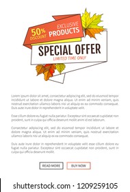 Autumn or fall, half price advertising online poster foliage and green and orange leaf vector. Limited time only buy now discount promo label isolated.