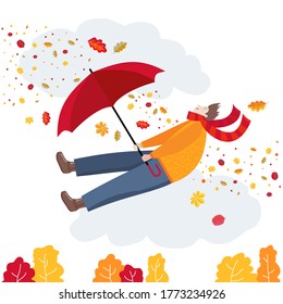 Autumn, fall, a happy man with an umbrella in the autumn Park. Vector flat illustration.
