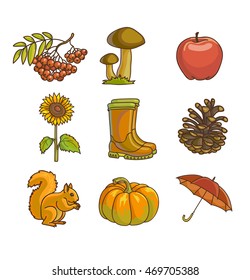 Autumn or fall icon and objects set for design. Vector Illustration. Isolated on white.