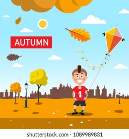 Autumn - Fall Landscape with Falling Leaves. Happy Boy. Sunny Day in City Park.