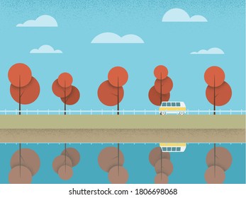 Herbst- oder Herbstlandschaft Vektorgrafik mit Bäumen, See und Kleinbus auf der Straße. Freizeit, Urlaub, Reisesymbol. Eps10 Illustration.