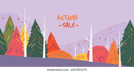 autumn fall landscape, web banner, poster, card cover, colorful forest, discount sales advertising, shopping background