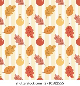 Autumn Fall Leaf and Bauble Seamless Pattern on Vertical Stripes, Warm Thanksgiving Background