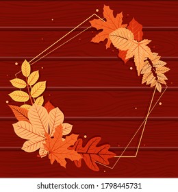 Autumn Fall Leaf Greeting Invitation Pentagon Frame Wood Background Bouquet