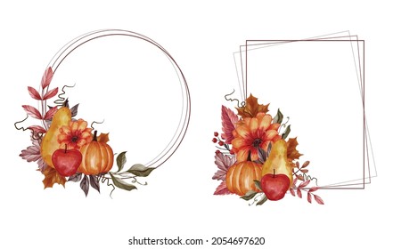 autumn fall leaf, pumpkin, pear, and apple floral frame set