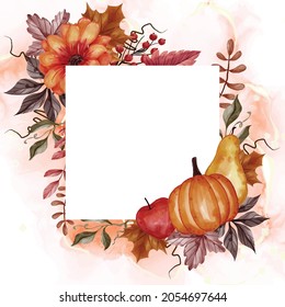 autumn fall leaf, pumpkin, pear, and apple for background floral frame