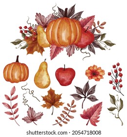 autumn fall leaf, pumpkin, pear, and apple isolated clip-art