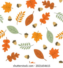 Autumn fall leaves and acorns repeat seamless vector pattern