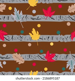 Autumn fall leaves and beech tree stripes seamless pattern