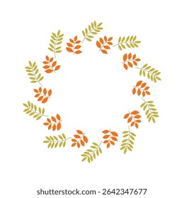 Autumn fall. Autumn leaves circle frame. Round border made of fall leaves in orange, yellow, and green. Vector flat isolated on white background.