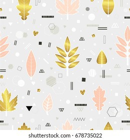 Autumn. Fall. Leaves. Cute vector seamless pattern with golden and pink leaves. All elements are  hidden under mask. Pattern are not cropped and can be edited